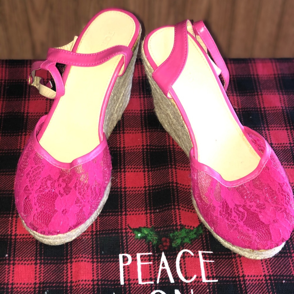 Hot pink ankle strap wedges